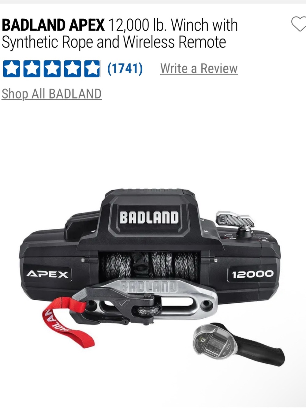 Badland Apex 12,000 lb Electric Winch with Synthetic Rope